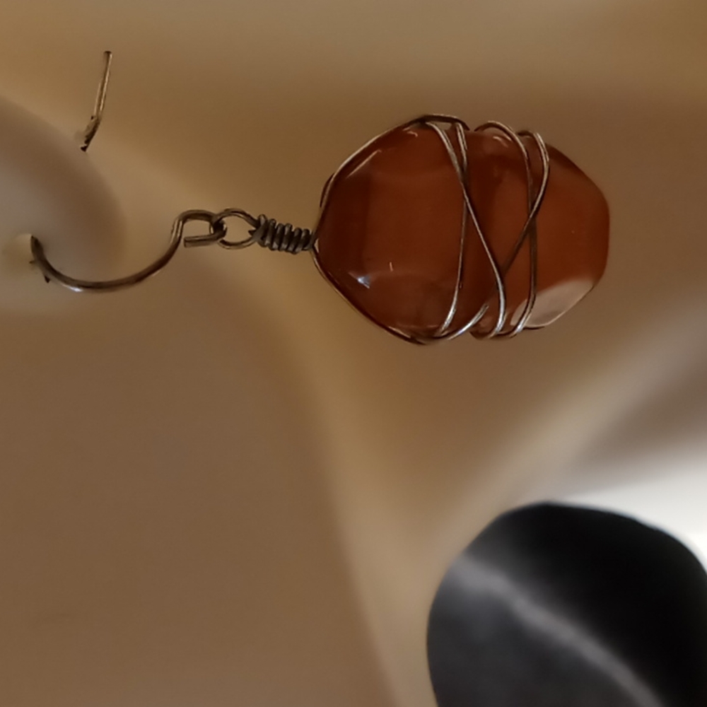 Amber color quartz  wire wrapped drop earrings.hand made.